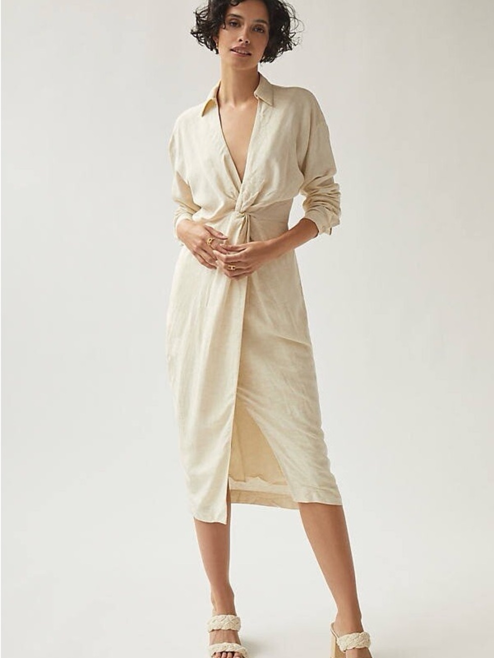 Anthropologie Cream Knot-Front Midi Shirt Dress